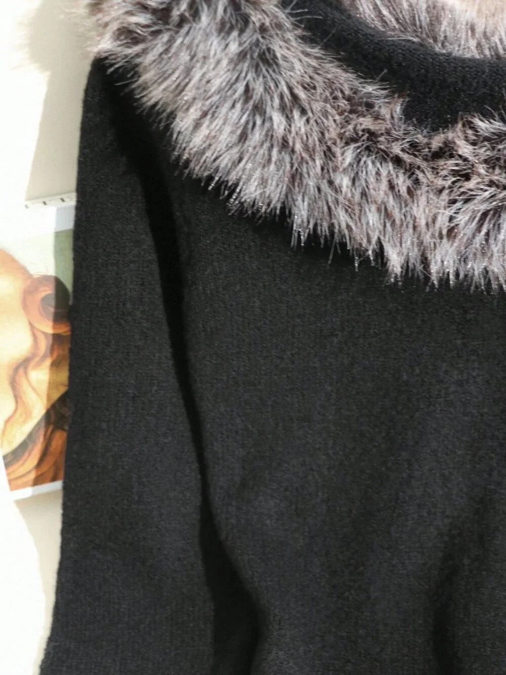 Black Party Women's Contrast Faux Fur Rib-Knit Slim Fit Round Neck Pullover